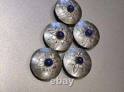 Vintage Navajo D/L Garcia Sterling Silver Button Covers Hand Stamped WithLapis