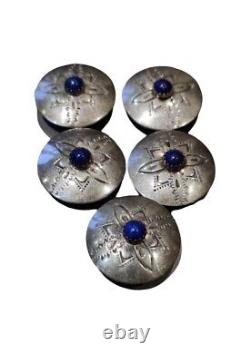 Vintage Navajo D/L Garcia Sterling Silver Button Covers Hand Stamped WithLapis