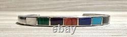 Vintage Navajo Designer Signed Sterling Silver Multi-Stone Inlay Bracelet