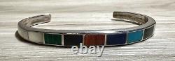 Vintage Navajo Designer Signed Sterling Silver Multi-Stone Inlay Bracelet