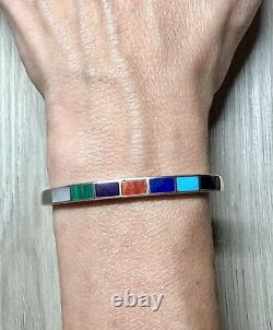 Vintage Navajo Designer Signed Sterling Silver Multi-Stone Inlay Bracelet
