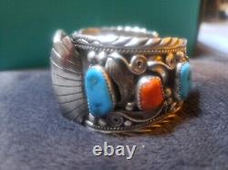 Vintage Navajo Dollar Silver Turquoise Coral Cuff Justin Morris Rare Heavy 97.2g