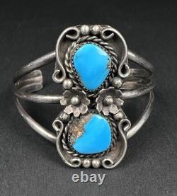 Vintage Navajo Double Turquoise Sterling Silver Cuff Bracelet 6-1/4 30g #198