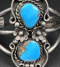 Vintage Navajo Double Turquoise Sterling Silver Cuff Bracelet 6-1/4 30g #198