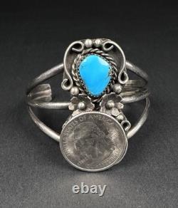 Vintage Navajo Double Turquoise Sterling Silver Cuff Bracelet 6-1/4 30g #198