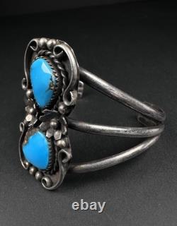 Vintage Navajo Double Turquoise Sterling Silver Cuff Bracelet 6-1/4 30g #198
