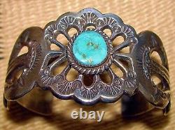 Vintage Navajo E Mitchell Sterling SANDCAST TURQUOISE BRACELET Cuff s6.5 c1980s