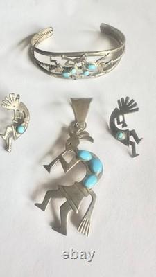 Vintage Navajo Ella Peter Signed Silver Turquoise Kokopelli 3 pc set