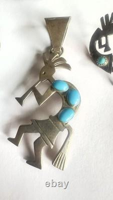 Vintage Navajo Ella Peter Signed Silver Turquoise Kokopelli 3 pc set