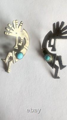 Vintage Navajo Ella Peter Signed Silver Turquoise Kokopelli 3 pc set