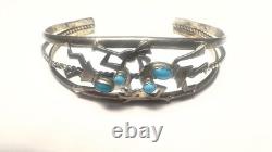 Vintage Navajo Ella Peter Signed Silver Turquoise Kokopelli 3 pc set