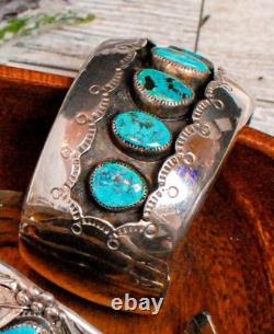 Vintage Navajo FIVE-STONE BISBEE BLUE Turquoise Sterling Silver Bracelet