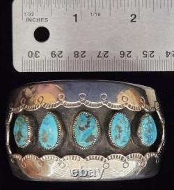 Vintage Navajo FIVE-STONE BISBEE BLUE Turquoise Sterling Silver Bracelet