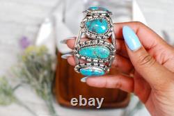 Vintage Navajo FIVE-STONE BISBEE BLUE Turquoise Sterling Silver Bracelet