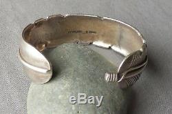 Vintage Navajo Finely Etched Sterling Silver Feather Cuff Bracelet H. Mace