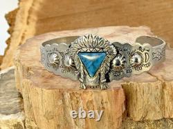 Vintage Navajo Fred Harvey Era Sterling Blue Turquoise Stamped Cuff-19.26