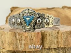 Vintage Navajo Fred Harvey Era Sterling Blue Turquoise Stamped Cuff-19.26