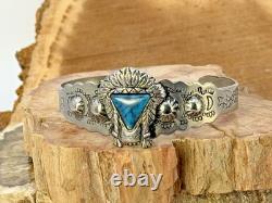 Vintage Navajo Fred Harvey Era Sterling Blue Turquoise Stamped Cuff-19.26