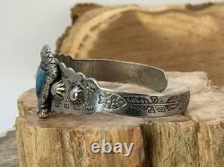 Vintage Navajo Fred Harvey Era Sterling Blue Turquoise Stamped Cuff-19.26