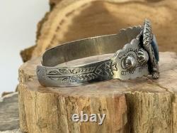 Vintage Navajo Fred Harvey Era Sterling Blue Turquoise Stamped Cuff-19.26