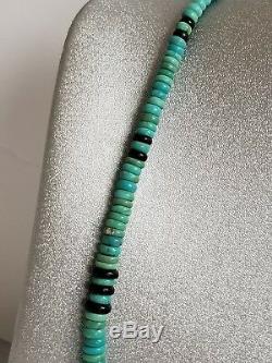 Vintage Navajo Graduated Rolled Turquoise & Black Onyx Heishi Bead Necklace 17