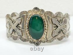 Vintage Navajo Green Turquoise Cabochon Sterling Silver Cuff Bracelet