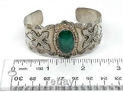 Vintage Navajo Green Turquoise Cabochon Sterling Silver Cuff Bracelet