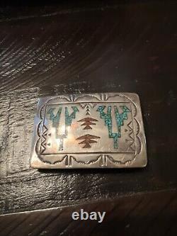 Vintage Navajo Hand Made Sterling Silver Turquoise Coral Inlay 3 Belt Buckle PJ