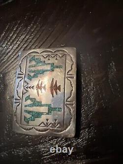 Vintage Navajo Hand Made Sterling Silver Turquoise Coral Inlay 3 Belt Buckle PJ