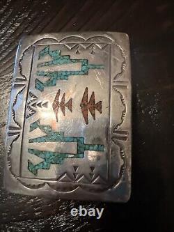 Vintage Navajo Hand Made Sterling Silver Turquoise Coral Inlay 3 Belt Buckle PJ