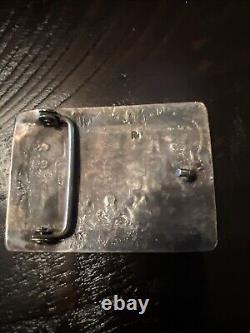 Vintage Navajo Hand Made Sterling Silver Turquoise Coral Inlay 3 Belt Buckle PJ