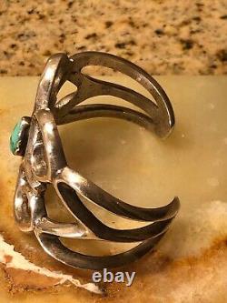 Vintage Navajo Handmade Sand Cast Solid Sterling Turquoise Cuff Bracelet