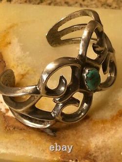 Vintage Navajo Handmade Sand Cast Solid Sterling Turquoise Cuff Bracelet