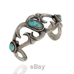 Vintage Navajo Handmade Sand Cast Solid Sterling Turquoise Cuff Bracelet AJB