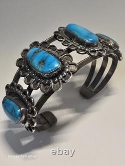 Vintage Navajo Handmade Sterling Silver Cuff Turquoise Bracelet