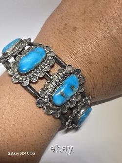 Vintage Navajo Handmade Sterling Silver Cuff Turquoise Bracelet