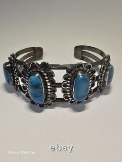 Vintage Navajo Handmade Sterling Silver Cuff Turquoise Bracelet