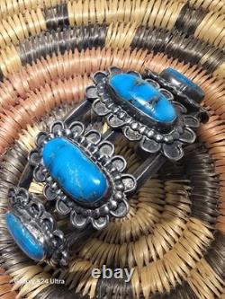 Vintage Navajo Handmade Sterling Silver Cuff Turquoise Bracelet