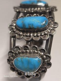 Vintage Navajo Handmade Sterling Silver Cuff Turquoise Bracelet