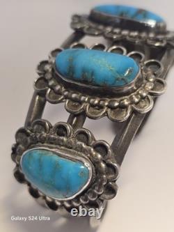 Vintage Navajo Handmade Sterling Silver Cuff Turquoise Bracelet