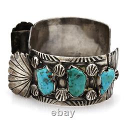 Vintage Navajo Handmade Sterling Silver Turquoise Watch Cuff Bracelet