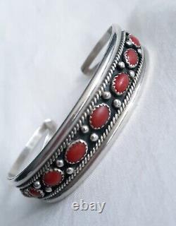 Vintage Navajo Harry Spencer sterling silver red coral bracelet, 14 grams
