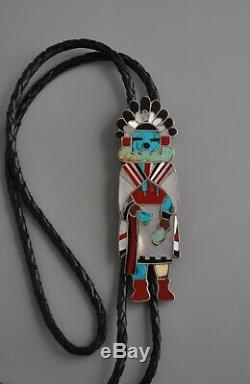 Vintage Navajo Indian Bolo Tie 3.5 Tall Silver Inlay Kachina