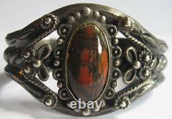 Vintage Navajo Indian Elaborate Silver Petrified Wood Agate Cuff Bracelet