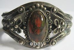 Vintage Navajo Indian Elaborate Silver Petrified Wood Agate Cuff Bracelet