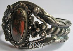 Vintage Navajo Indian Elaborate Silver Petrified Wood Agate Cuff Bracelet