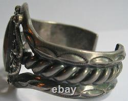 Vintage Navajo Indian Elaborate Silver Petrified Wood Agate Cuff Bracelet