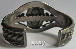 Vintage Navajo Indian Elaborate Silver Petrified Wood Agate Cuff Bracelet