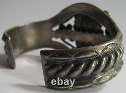 Vintage Navajo Indian Elaborate Silver Petrified Wood Agate Cuff Bracelet