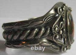 Vintage Navajo Indian Elaborate Silver Petrified Wood Agate Cuff Bracelet